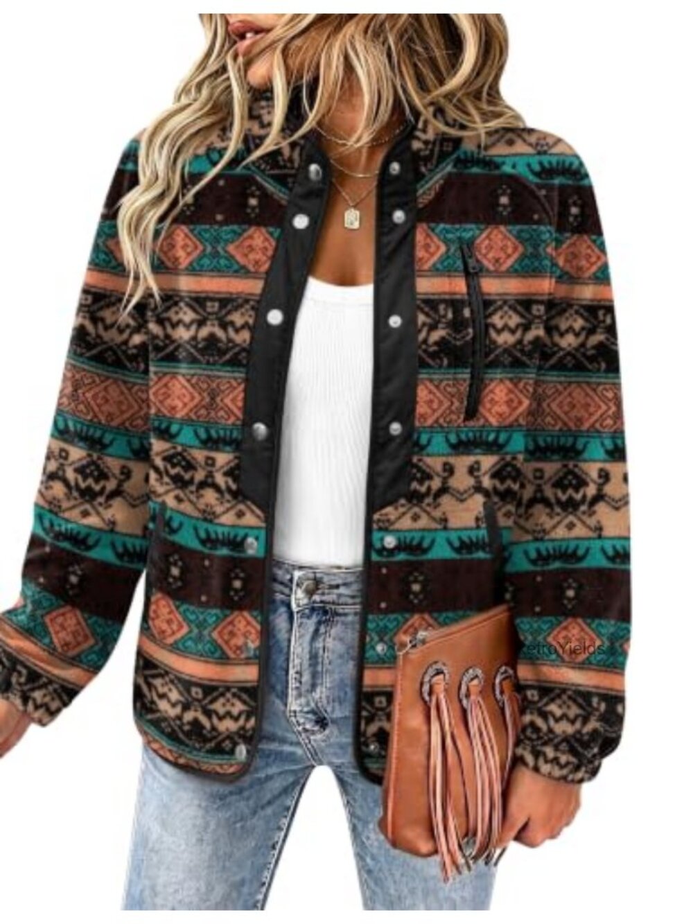 Zeagoo Fleece Jacket Western Aztec Print Snap Button Down
